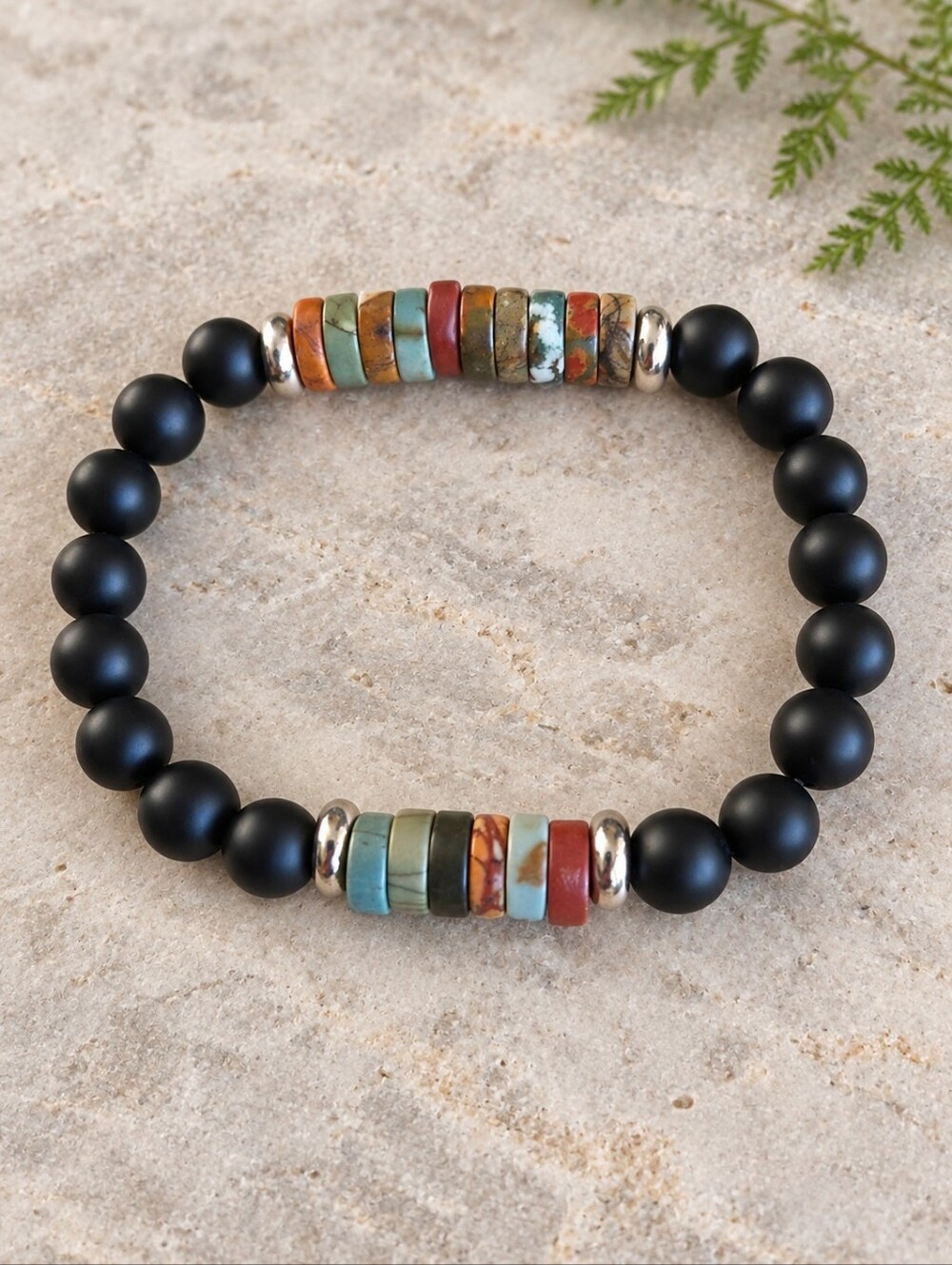 Red Creek Jaspet & Black Onyx Stretch Bracelet | Handmade